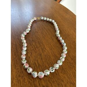 Vintage Hand Painted Porcelain Floral Bead Knotted Necklace Gold Tone Clasp